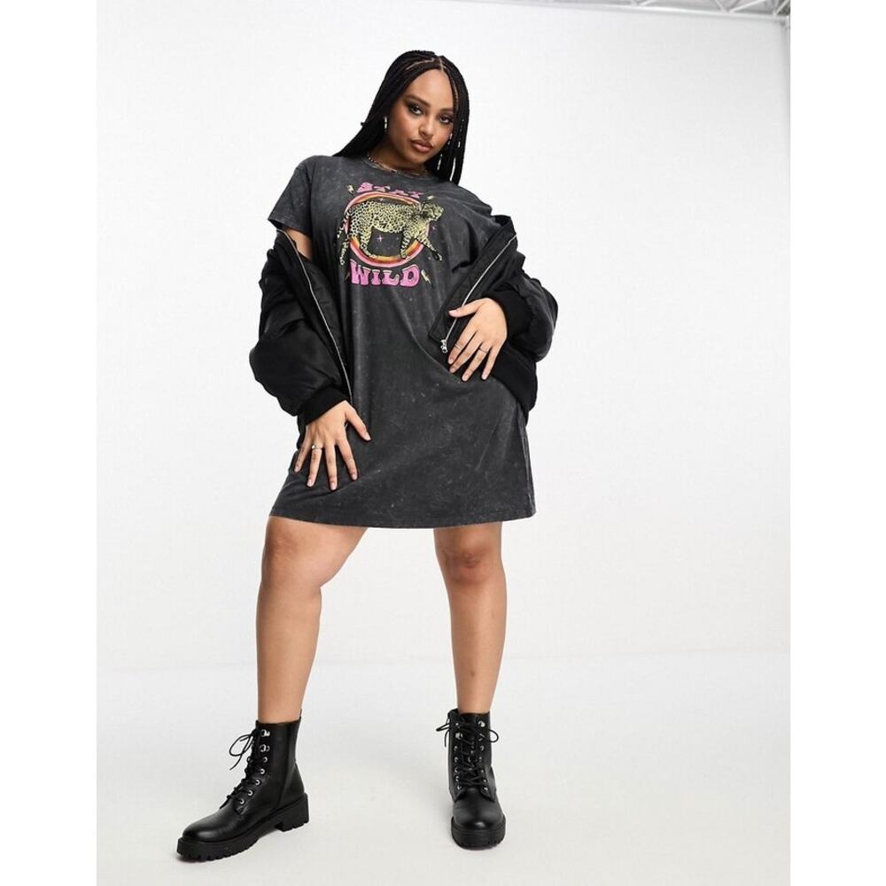 NOISY MAY Women's Curve Graphic Mini T-Shirt Dress Size 52 In Washed Black
